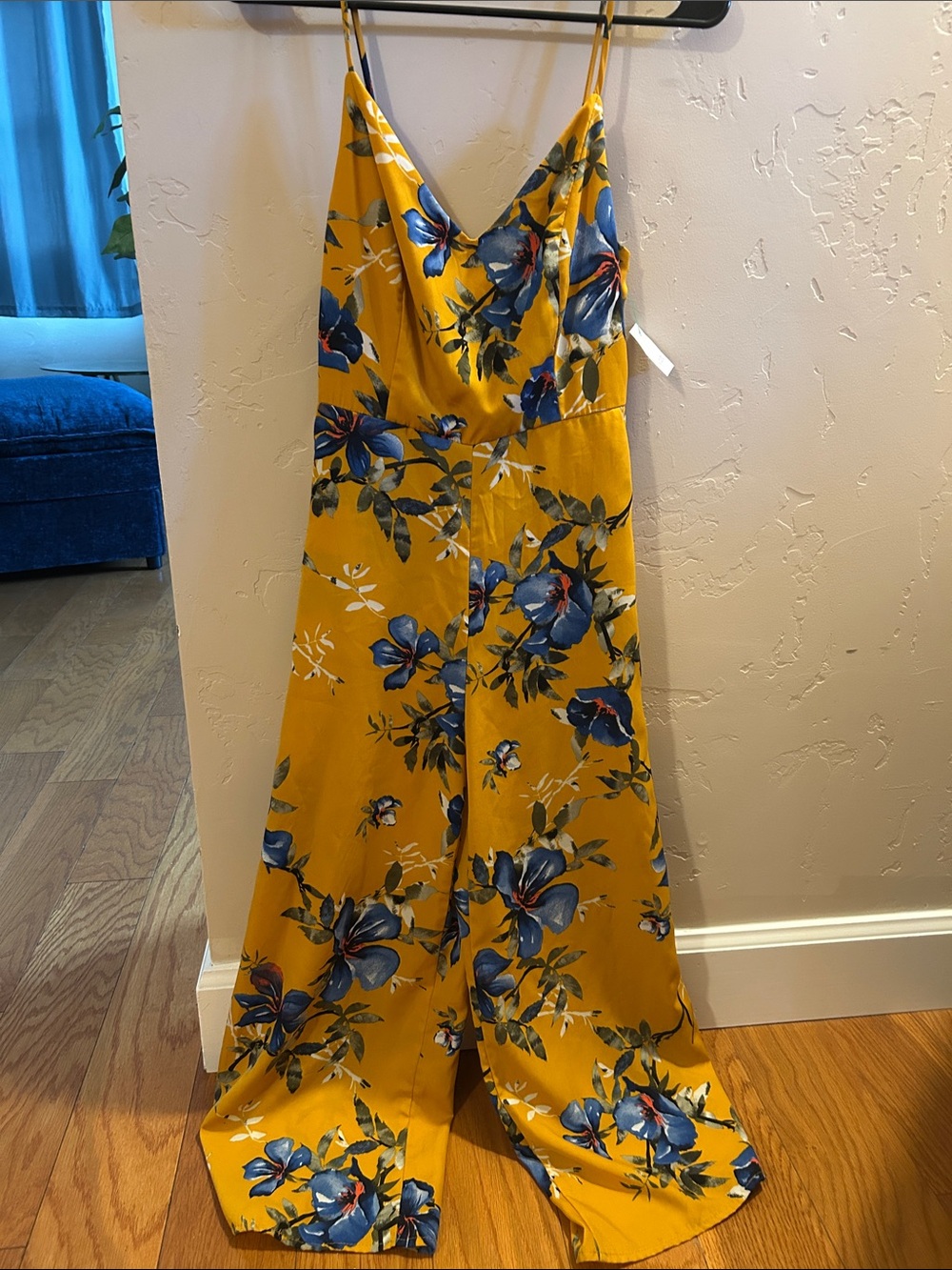 Blue Blush Mustard Yellow Floral Jumpsuit with Blue Flowers